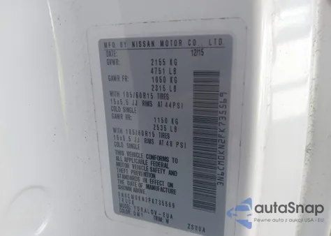 2015 Nissan Nv200 S/Sv from USA, damaged, VIN 3N6CM0KN2FK735569